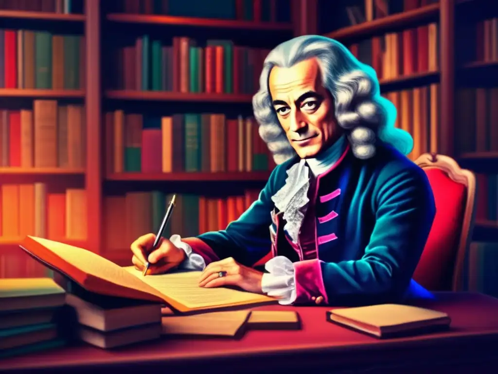 Retrato moderno de Voltaire, crítico cultural, influencia política, concentrado en su escritorio rodeado de libros y manuscritos