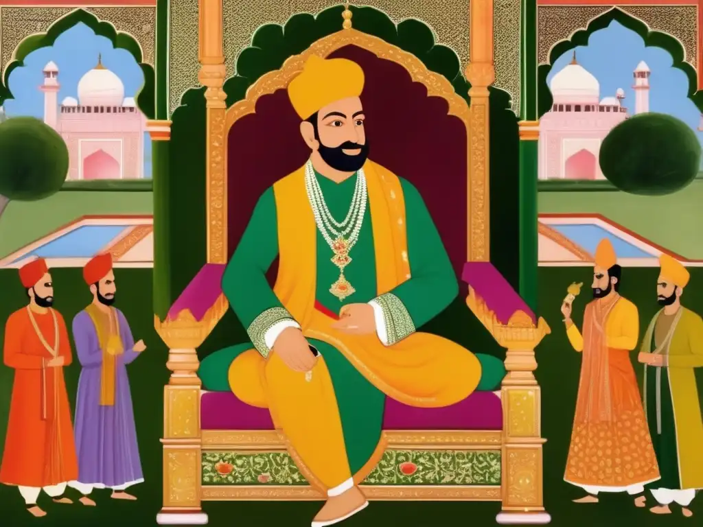 Retrato moderno de Akbar el Grande en un trono rodeado de exuberantes jardines y opulenta arquitectura, capturando la grandeza de la India