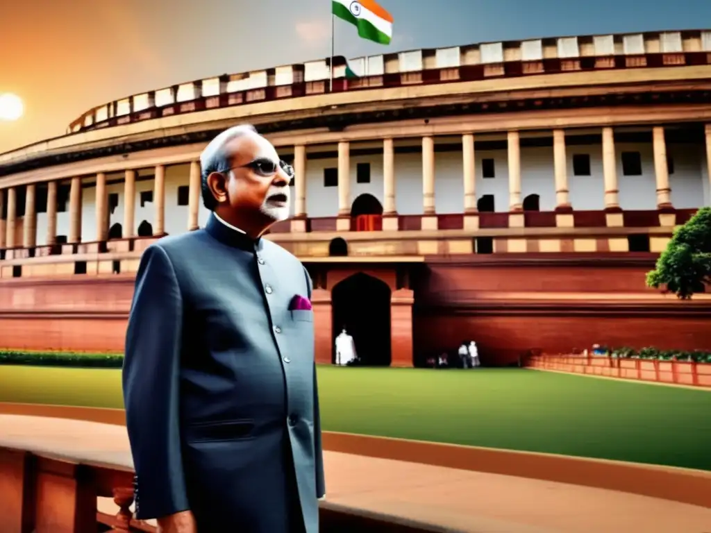 Un retrato moderno de Gulzarilal Nanda, el Primer Ministro interino de la India, frente al Parlamento, proyectando liderazgo y determinación