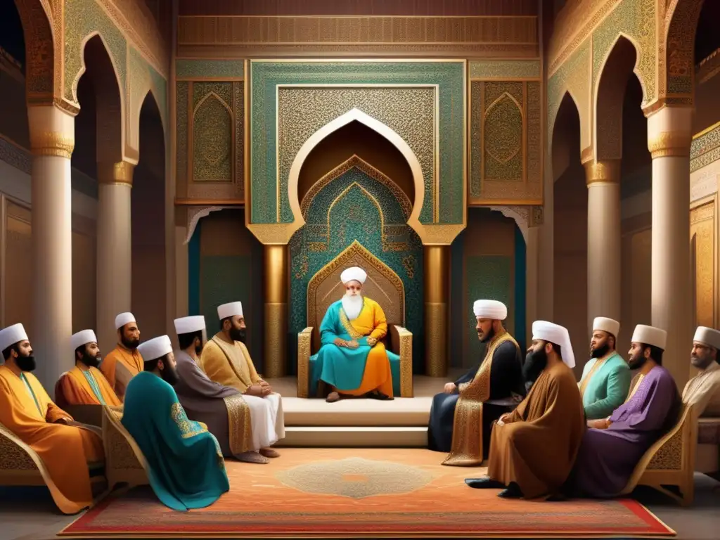 Un retrato moderno de Harún al Rashid en su opulento palacio, rodeado de cortesanos y consejeros, evocando la influencia del califa en la literatura
