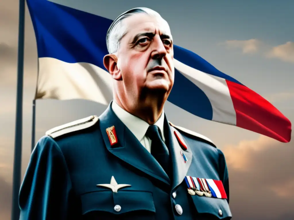 Un retrato moderno y heroico de Charles de Gaulle, líder de la Francia Libre, con la bandera francesa ondeando al fondo