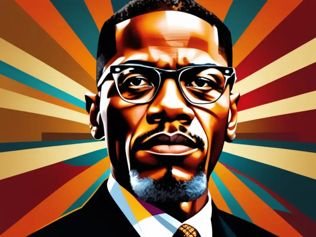 Un retrato moderno y impactante de Malcolm X, líder negro, con mirada intensa y determinada