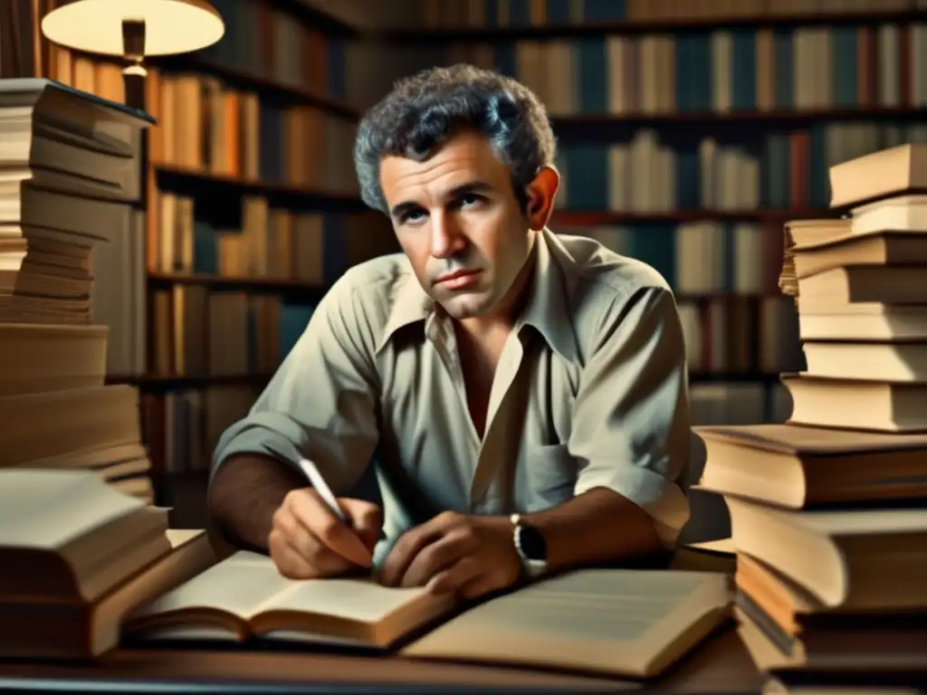 Un retrato moderno de Norman Mailer, inmerso en la escritura rodeado de libros y papeles