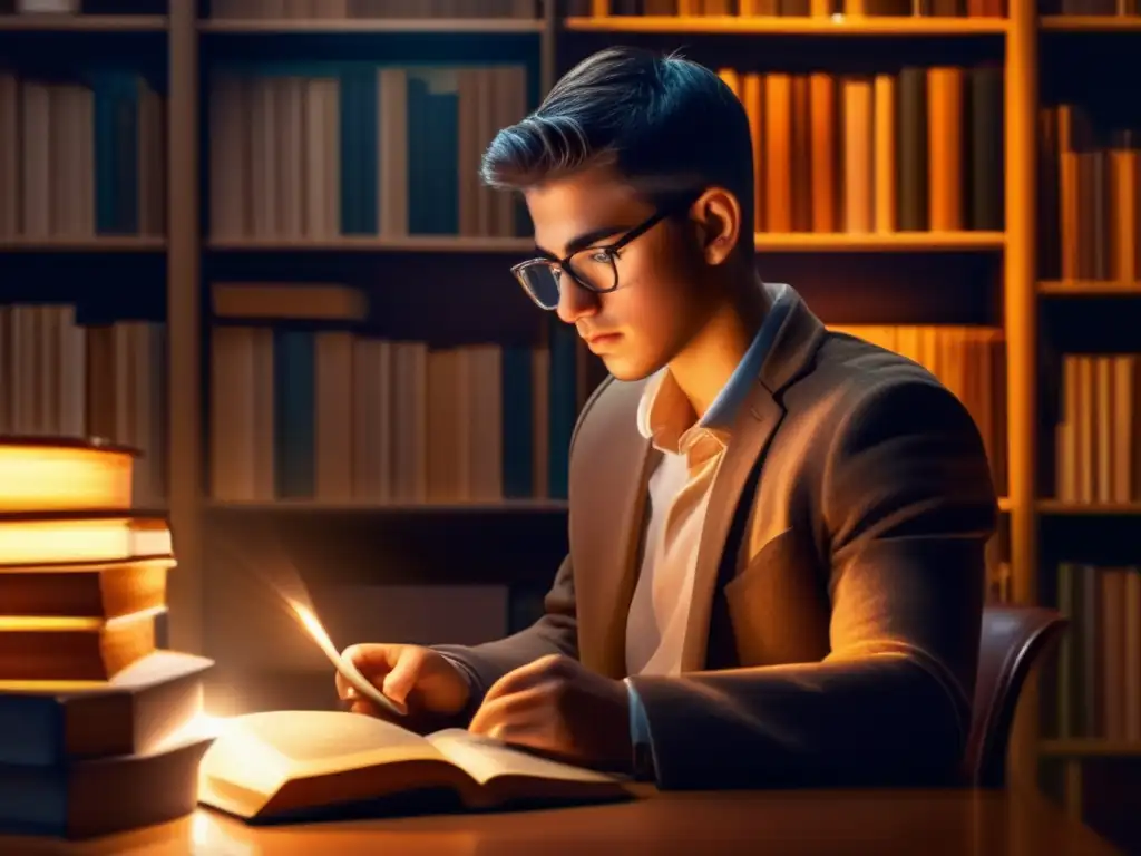 Un retrato moderno de Simon Frank inmerso en el estudio filosófico, rodeado de libros, iluminado por una cálida lámpara de escritorio