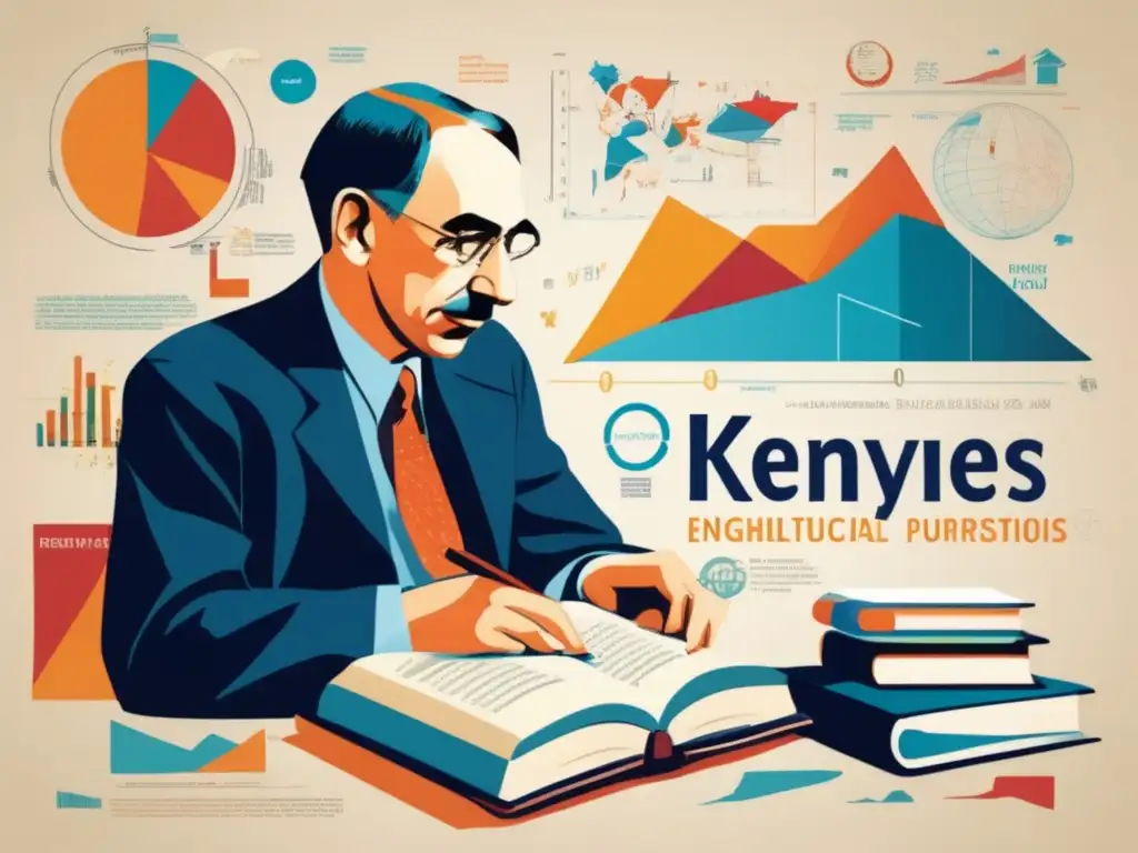 Un retrato moderno de John Maynard Keynes inmerso en libros y estudios académicos, rodeado de gráficos y ecuaciones económicas