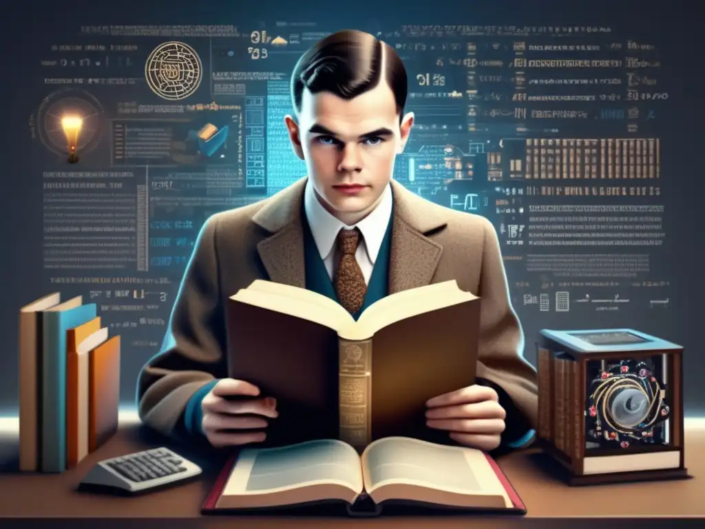 Un retrato moderno de Alan Turing, joven y concentrado en un libro, rodeado de ecuaciones matemáticas y componentes de computadora
