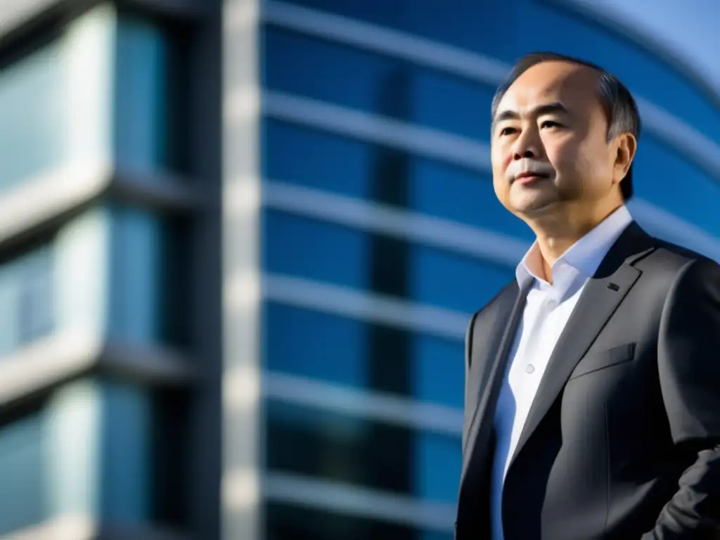 Un retrato moderno de Masayoshi Son, CEO de SoftBank, frente a un edificio futurista