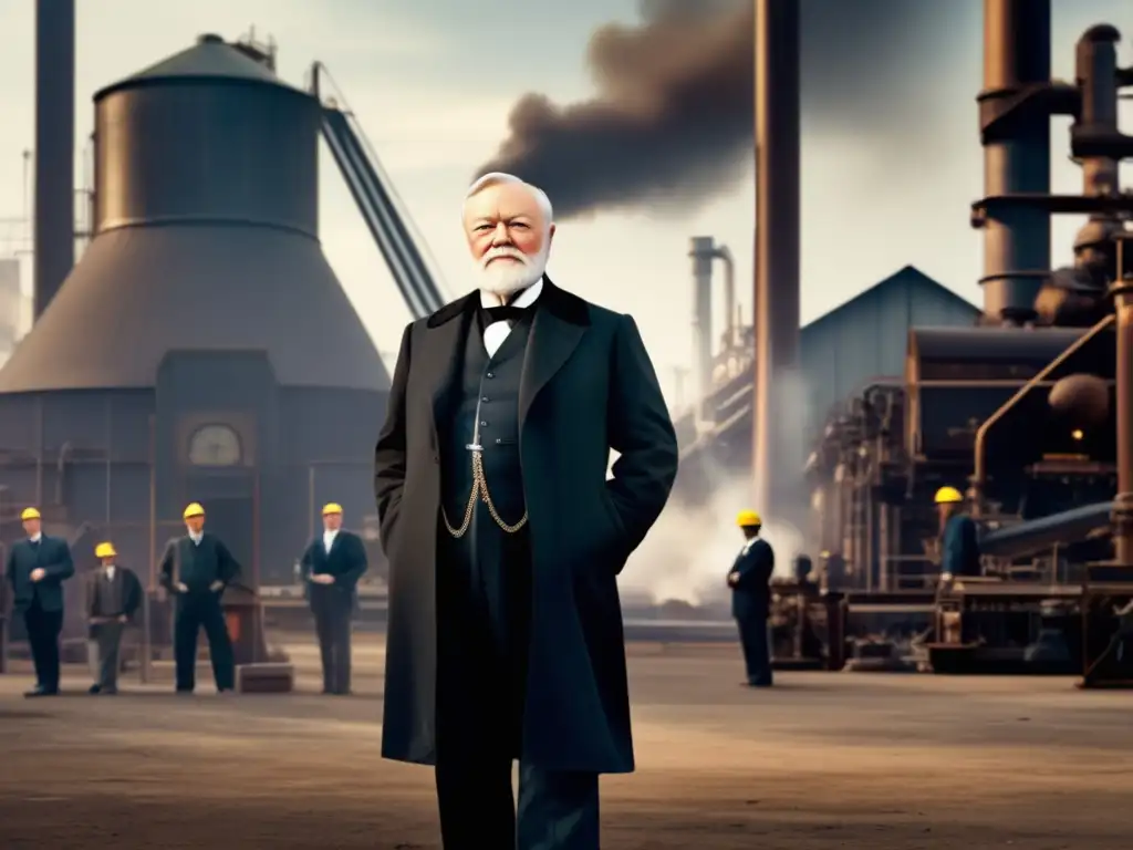 Un retrato moderno de Andrew Carnegie en un molino de acero, exudando confianza y autoridad