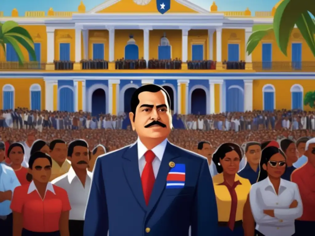 Retrato moderno de José Napoleón Duarte en el palacio presidencial de El Salvador, rodeado de ciudadanos diversos