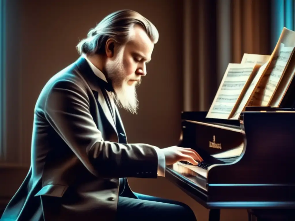 Un retrato moderno de Johannes Brahms componiendo al piano, envuelto en partituras