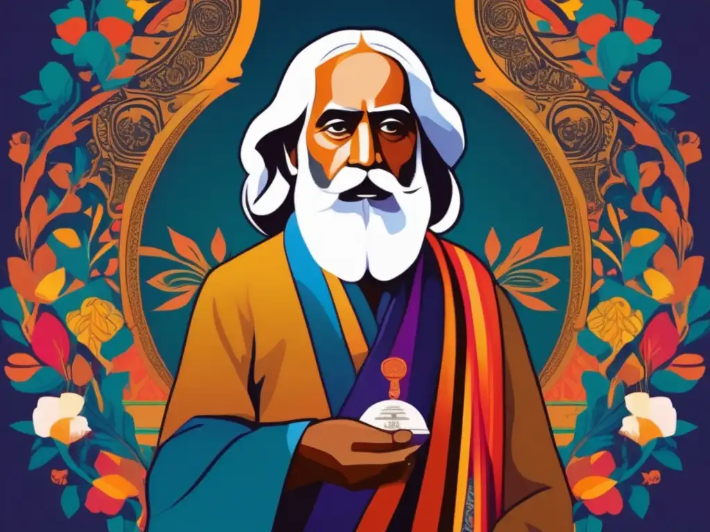 Retrato moderno de Rabindranath Tagore, pensador político, con influencia cultural, fusionando Oriente y Occidente en vibrantes colores y detalles intrincados