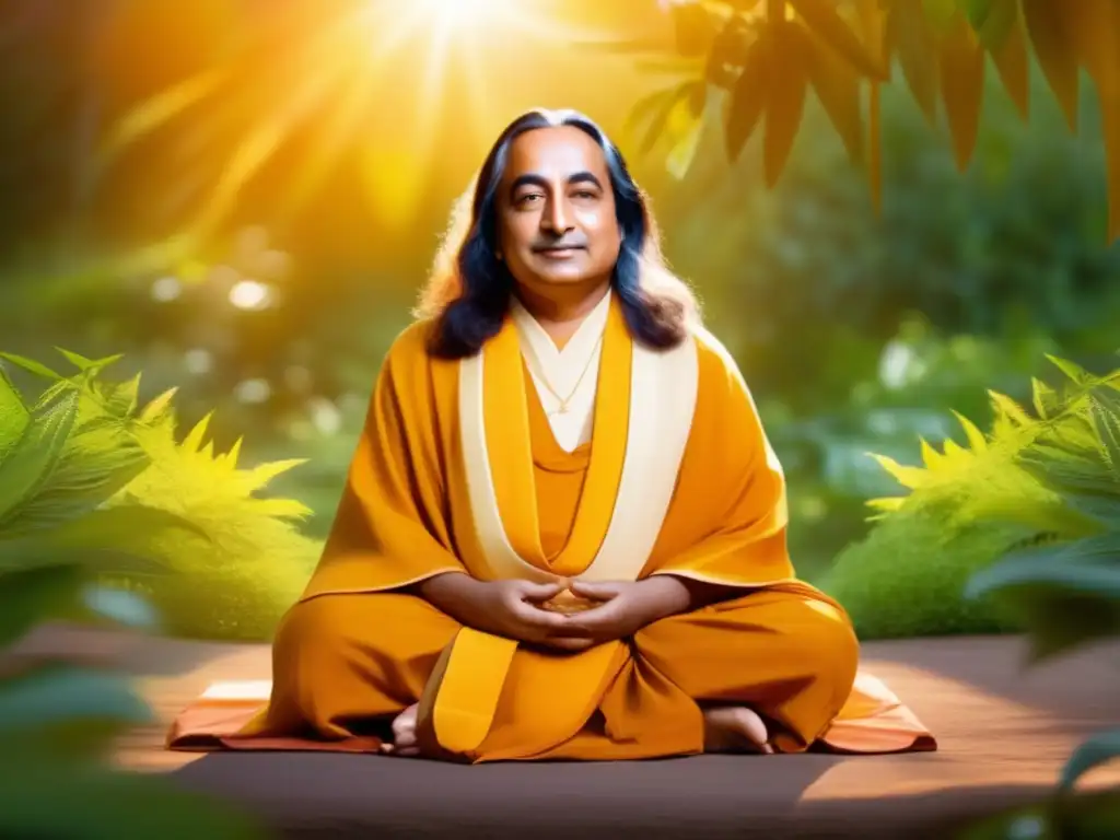 Un retrato moderno de Paramahansa Yogananda en meditación serena, rodeado de exuberante vegetación y bañado por cálida luz dorada