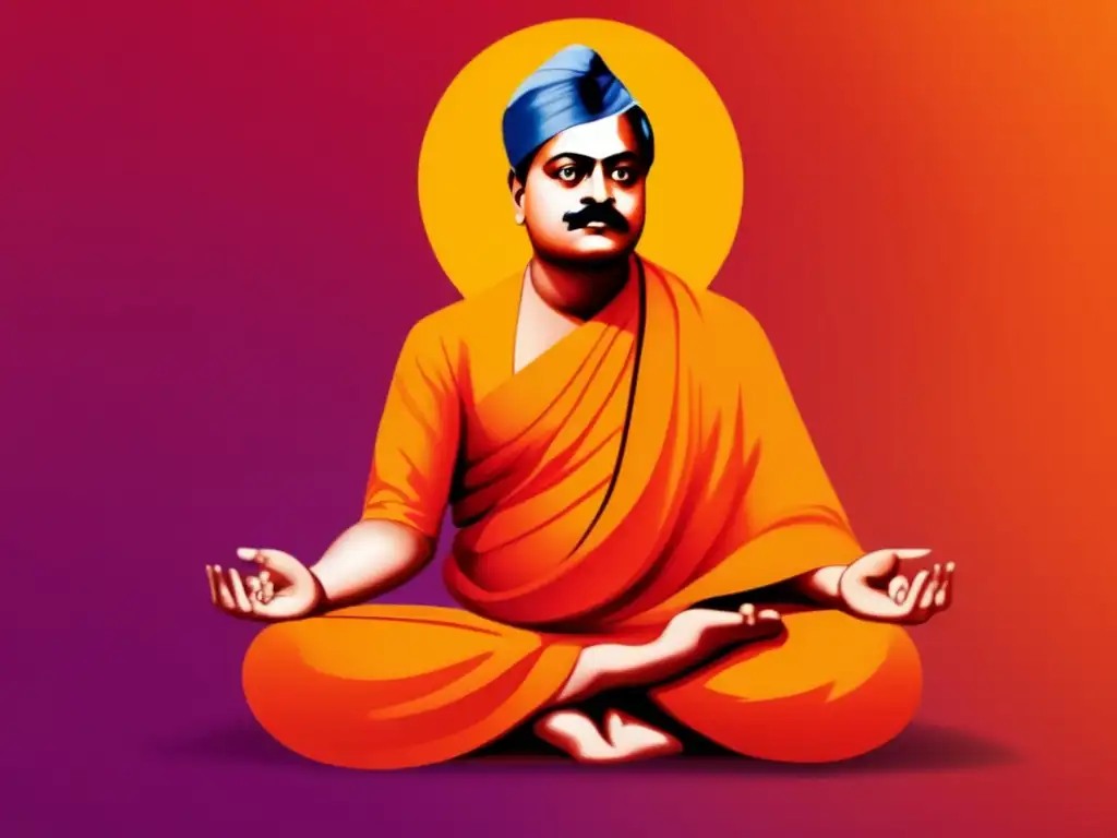 Un retrato moderno de Swami Vivekananda introduciendo Vedanta y Yoga en Occidente, con colores vibrantes y una presencia carismática