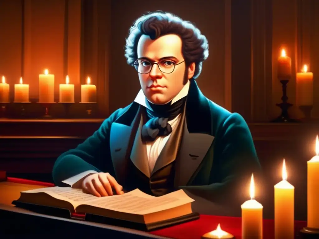 Un retrato de Franz Schubert componiendo música al piano, iluminado por velas