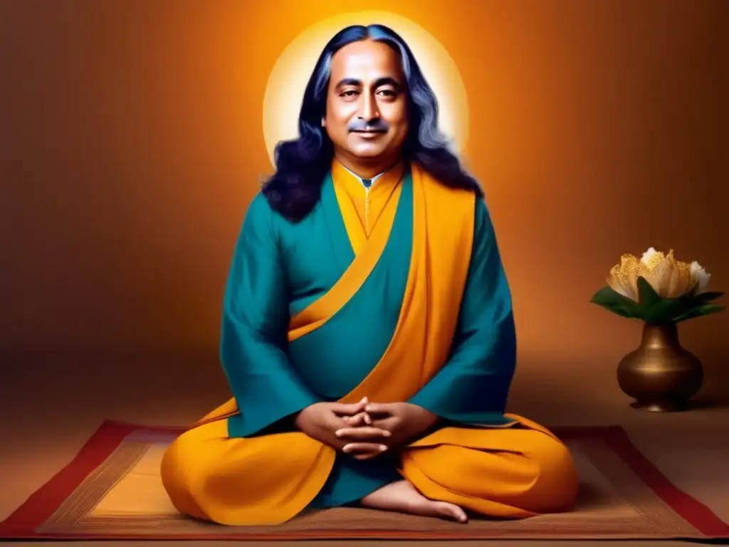 Un retrato nítido y sereno de Paramahansa Yogananda en postura meditativa, iluminado por una suave luz dorada