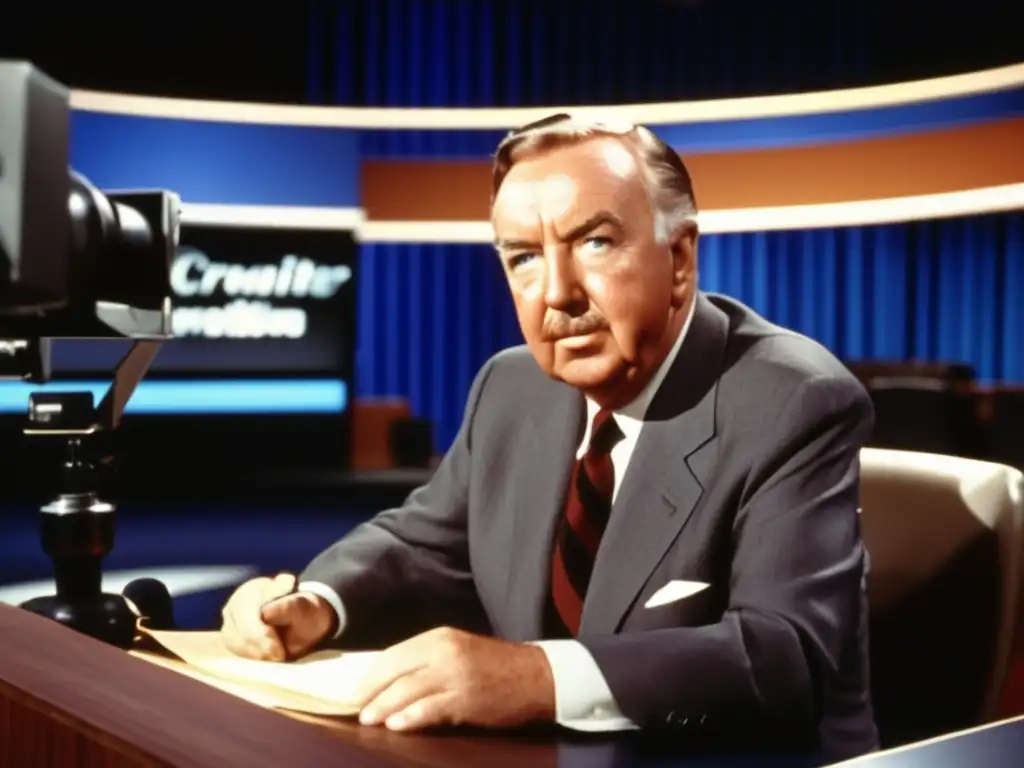 Un retrato de Walter Cronkite, transmitiendo noticias con autoridad y confianza en un estudio de televisión bien iluminado