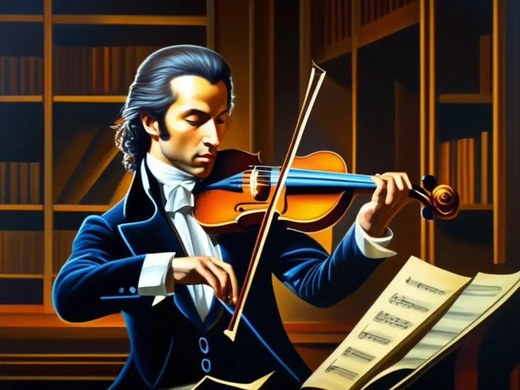 Un retrato al óleo de alta resolución estilo moderno que muestra a un joven Niccolò Paganini practicando el violín en una habitación tenue