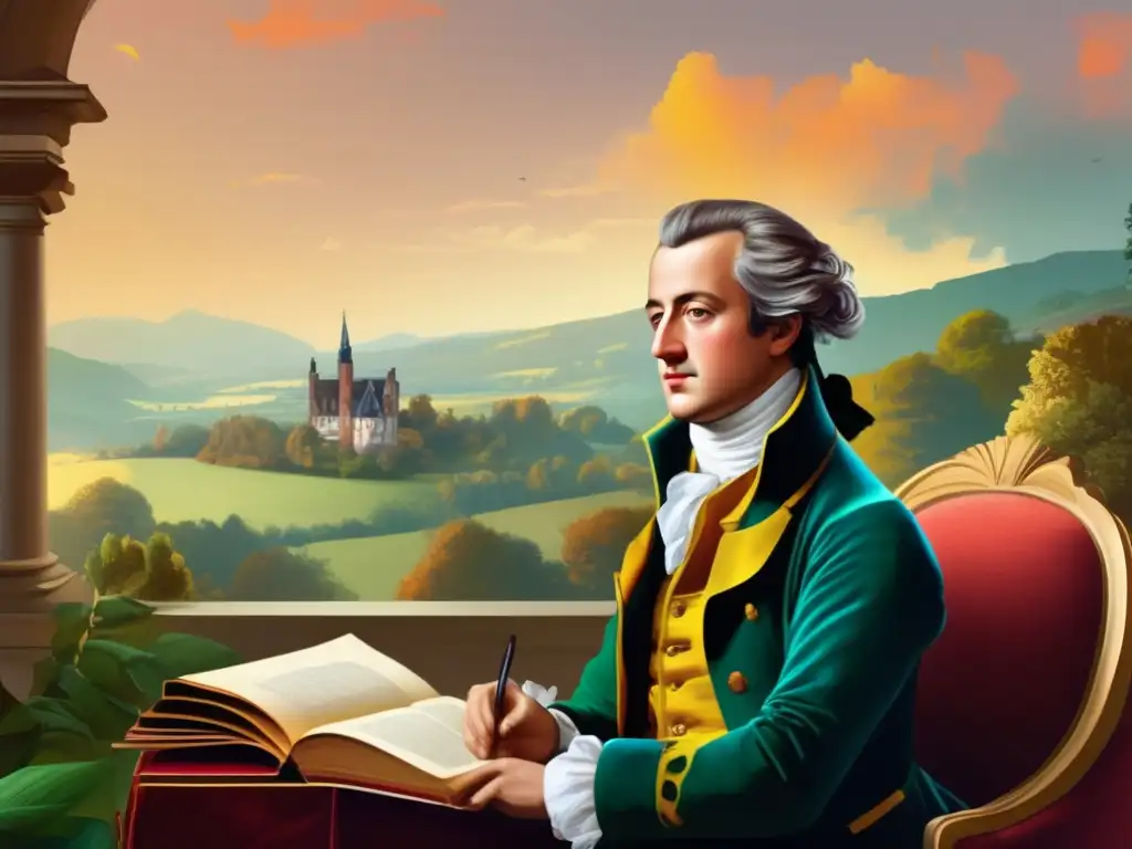 En el retrato, Goethe reflexiona en un paisaje vibrante, evocando la complejidad de su biografía completa y su obra Fausto