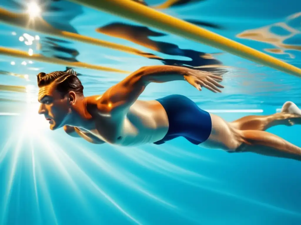 Un retrato 8k de Johnny Weissmuller nadando en una piscina olímpica, capturando su gracia y energía