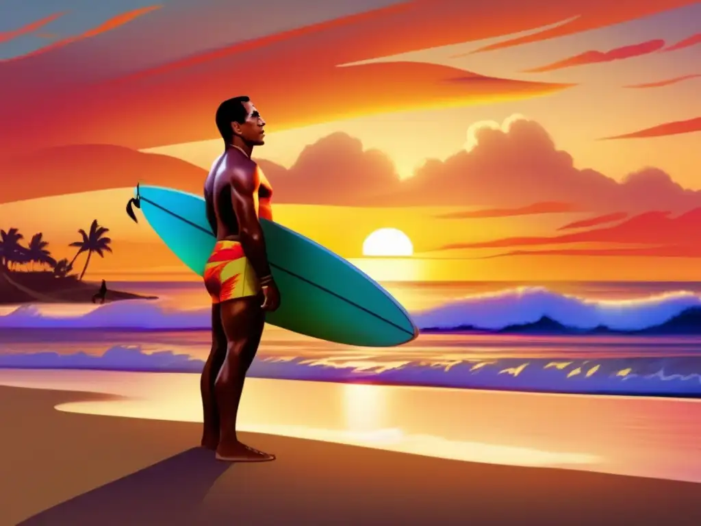 Un retrato de Duke Kahanamoku en la playa al atardecer, con su tabla de surf, reflejos del sol en las olas