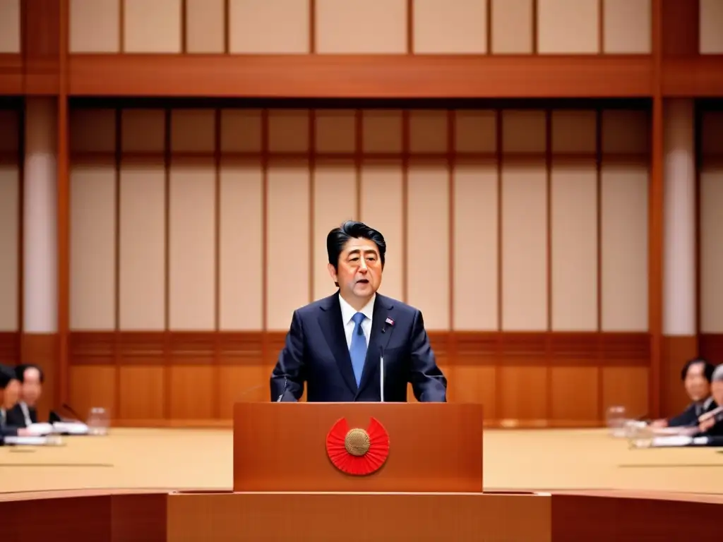 Un retrato de Shinzo Abe ofreciendo un poderoso discurso en la Dieta Nacional de Japón, proyectando determinación y autoridad