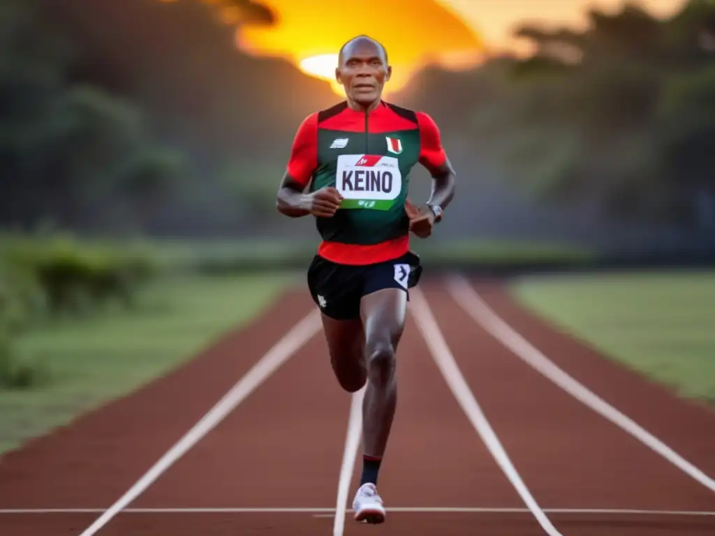 Un retrato poderoso de Kipchoge Keino, atleta keniano, en su uniforme nacional, de pie en una pista al atardecer, irradiando fuerza y confianza