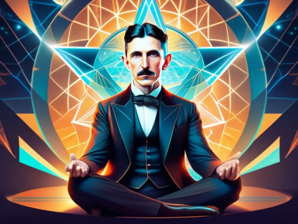 Un retrato de Nikola Tesla en una pose meditativa, rodeado de energía etérea y patrones geométricos