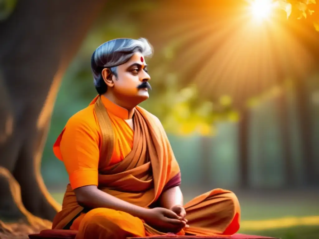 Un retrato de Swami Vivekananda en postura meditativa, con luz solar filtrándose entre los árboles