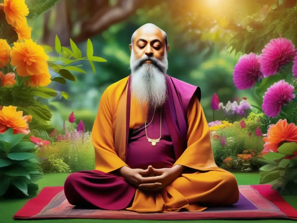 Un retrato de Osho en profunda meditación, rodeado de flores vibrantes y exuberante vegetación