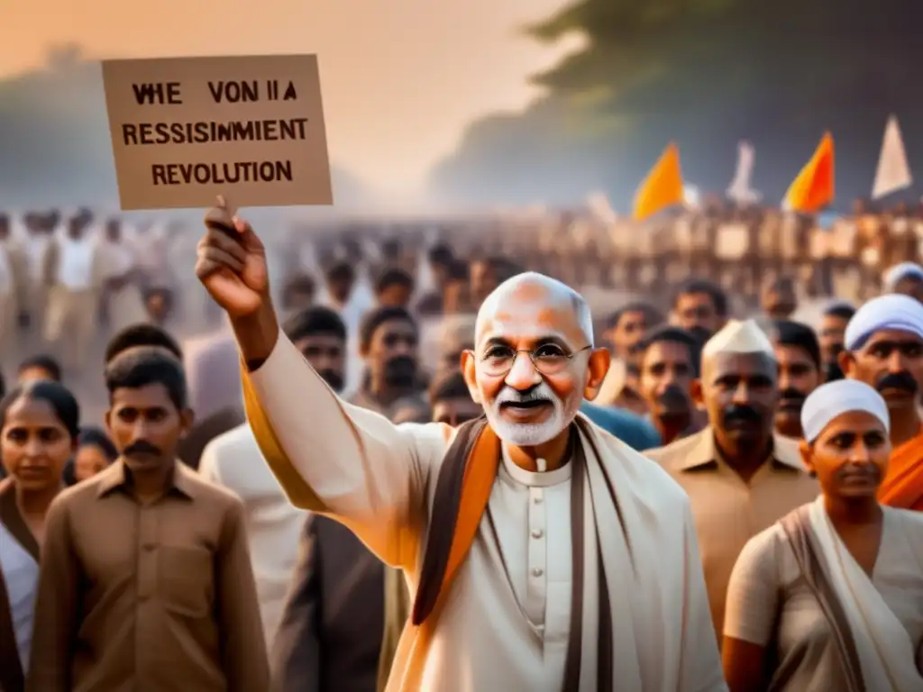 Un retrato de Mahatma Gandhi liderando una protesta pacífica, rodeado de personas diversas unidas en solidaridad por la revolución no violenta