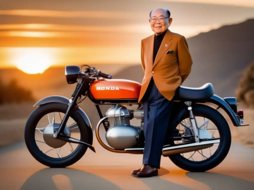 Un retrato de alta resolución de Soichiro Honda, emprendedor automotriz, de pie con orgullo junto a uno de sus primeros diseños de motocicletas