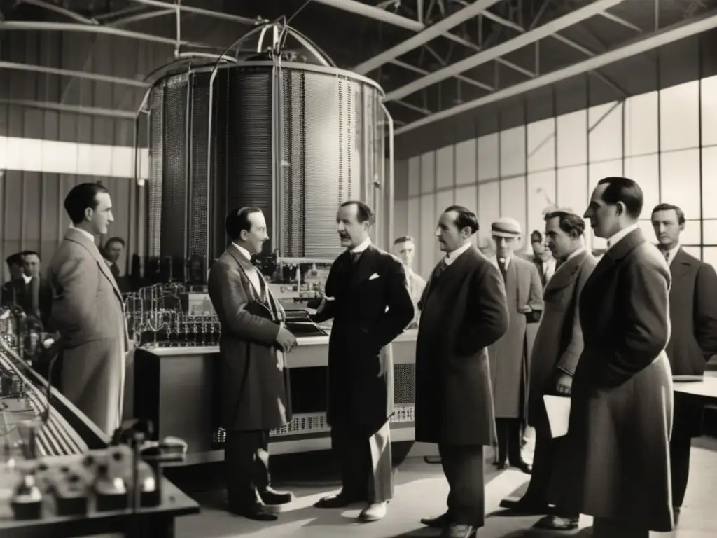 Un retrato de alta resolución del legado inalámbrico de Guglielmo Marconi, rodeado de científicos ajustando equipos en un laboratorio futurista