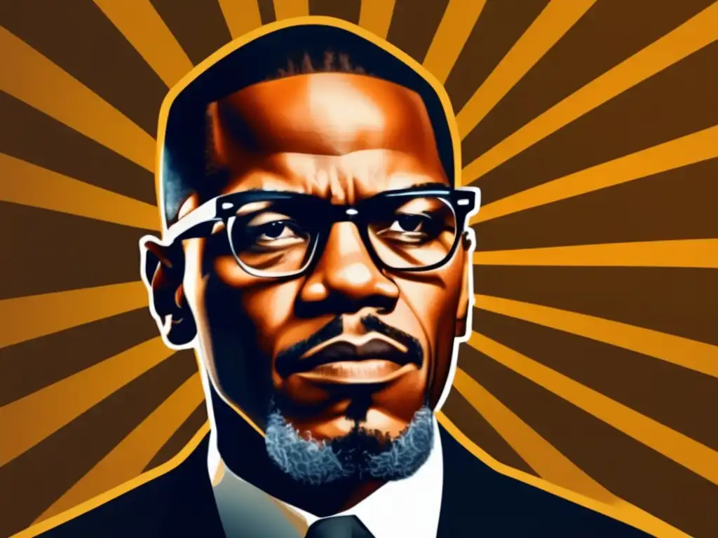 Un retrato de alta resolución de Malcolm X, con un uso impactante de luz y sombra para resaltar su expresión determinada