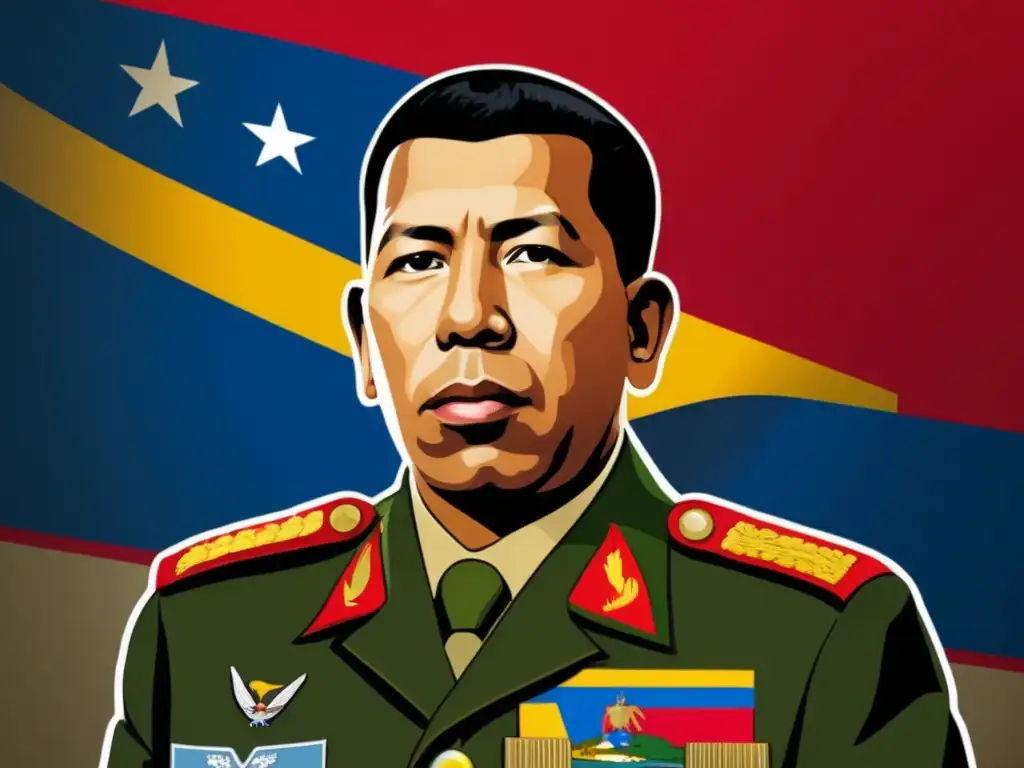 Un retrato de Hugo Chávez, líder de la Revolución Bolivariana, con la bandera venezolana de fondo y una mirada determinada
