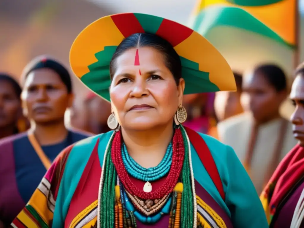 Un retrato de Rigoberta Menchú liderando la lucha por los derechos indígenas, rodeada de personas diversas y comprometidas con pancartas