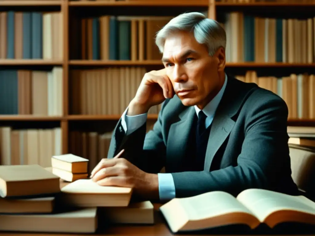 Un retrato de Boris Pasternak rodeado de libros, con una expresión pensativa que refleja la influencia de la literatura en su filosofía