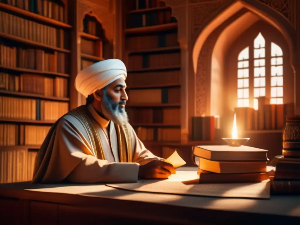 Un retrato en 8k de Ibn Khaldun rodeado de libros, reflexionando con una pluma en la mano