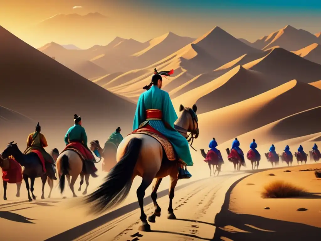 Un retrato de Zhang Qian en la Ruta de la Seda, con montañas, desiertos y caravanas, exudando aventura e influencia histórica
