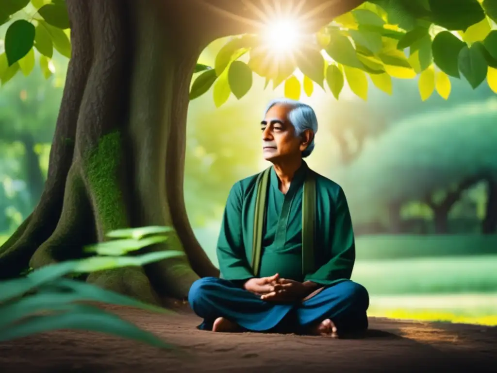 Un retrato sereno de Jiddu Krishnamurti meditando bajo un árbol frondoso, con la luz solar filtrándose entre las hojas