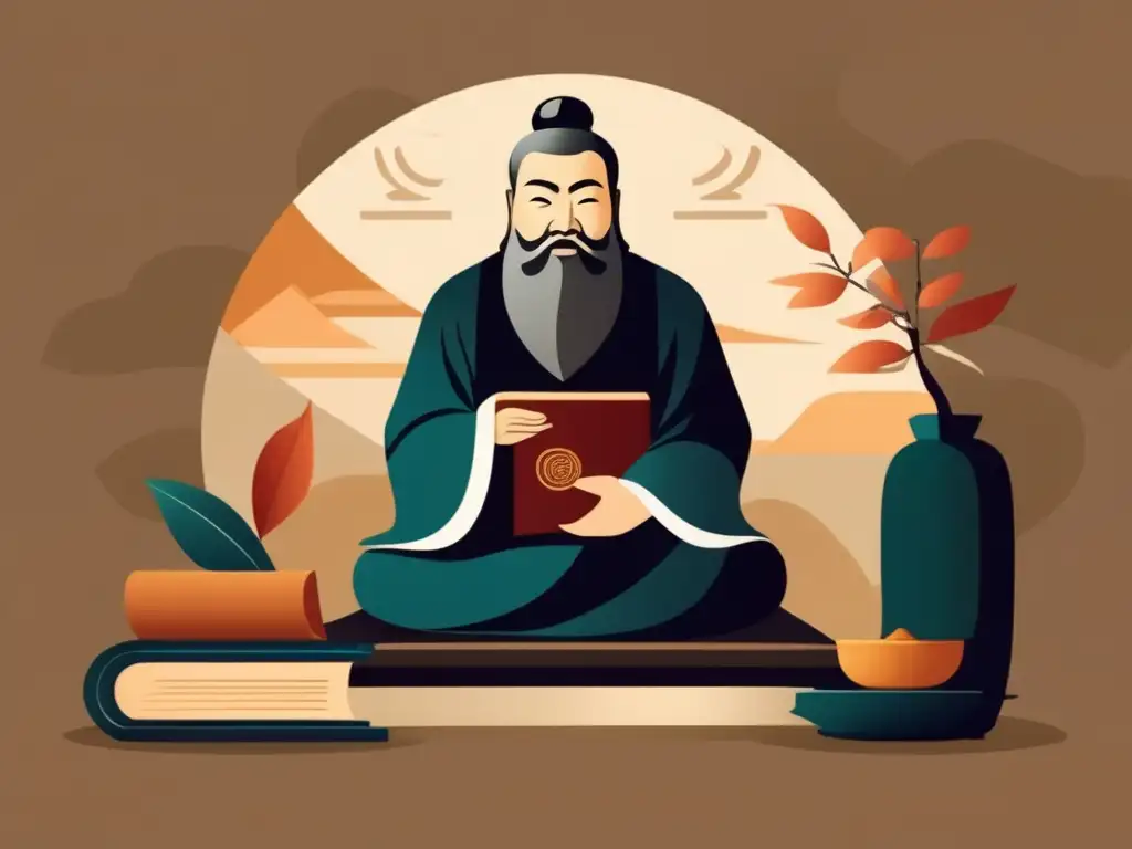 Un retrato sereno de Confucio en contemplación rodeado de antiguos textos y pergaminos