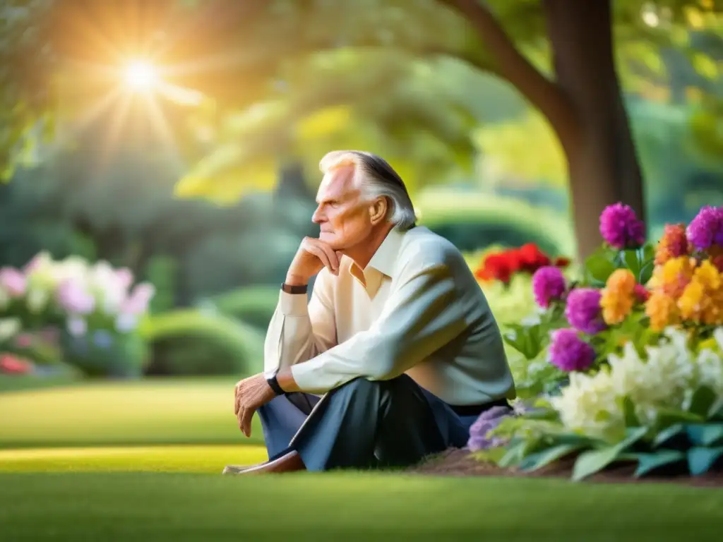 Un retrato sereno de Billy Graham evangelista reflexionando en un jardín tranquilo