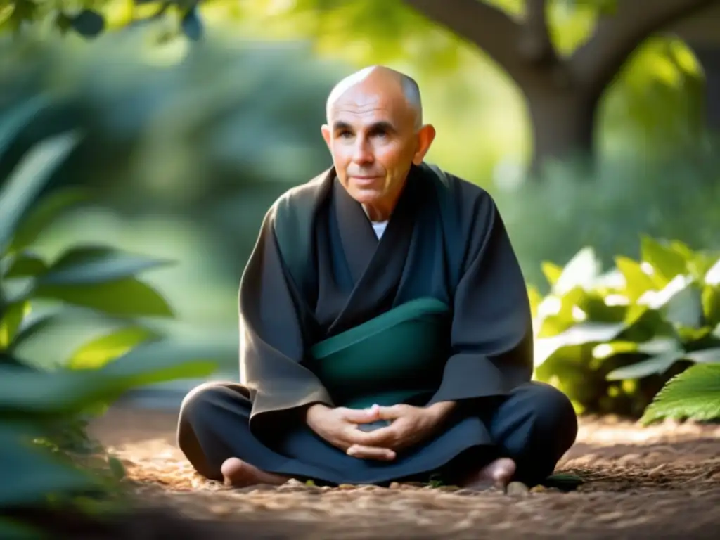 Meditación serena de Thomas Merton en jardín tranquilo Un retrato sereno de Thomas Merton meditando en un jardín, rodeado de exuberante vegetación, irradiando liderazgo silencioso