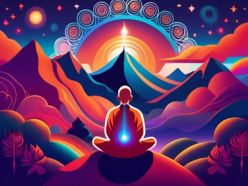 Un retrato sereno y moderno de George Gurdjieff meditando en la cima de una montaña, rodeado de energía cósmica, reflejando su búsqueda espiritual