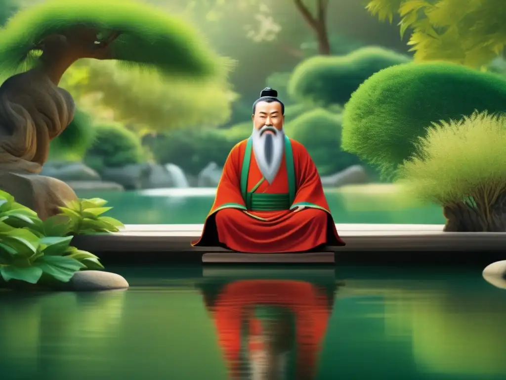 Un retrato sereno y moderno de Confucio en contemplación, rodeado de exuberante vegetación y agua tranquila