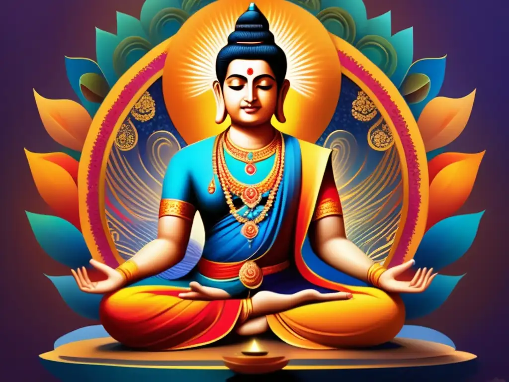 Un retrato sereno de Nagarjuna en meditación, rodeado de patrones y colores vibrantes, irradiando paz y iluminación