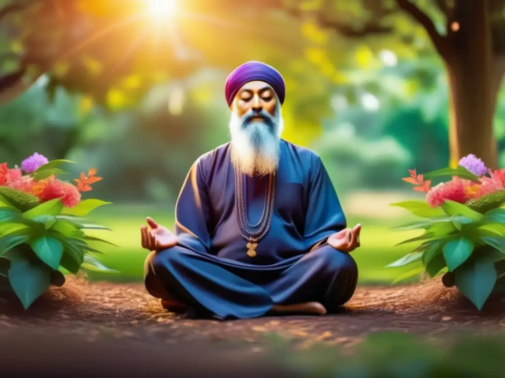 Un retrato sereno de Osho meditando en un exuberante jardín