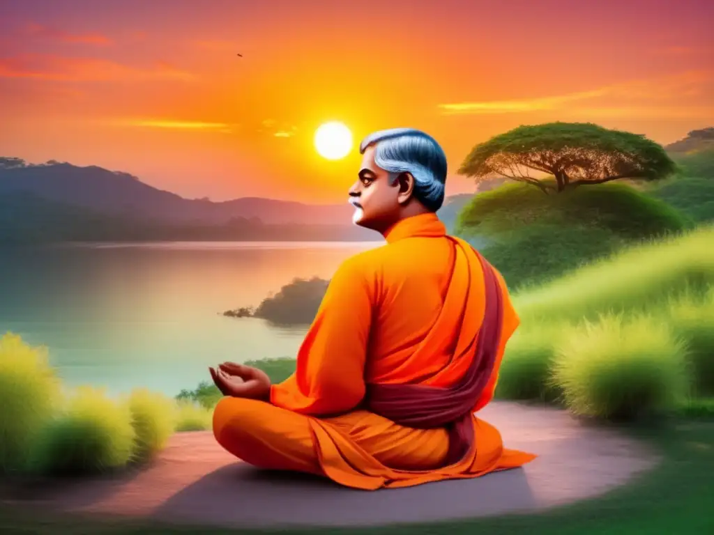 Un retrato sereno de Swami Vivekananda en postura meditativa, con el sol poniéndose detrás de él, iluminando la escena