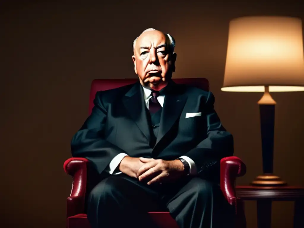 Un retrato de Alfred Hitchcock en su silla de director, con iluminación dramática que resalta su perfil icónico y proyecta misterio