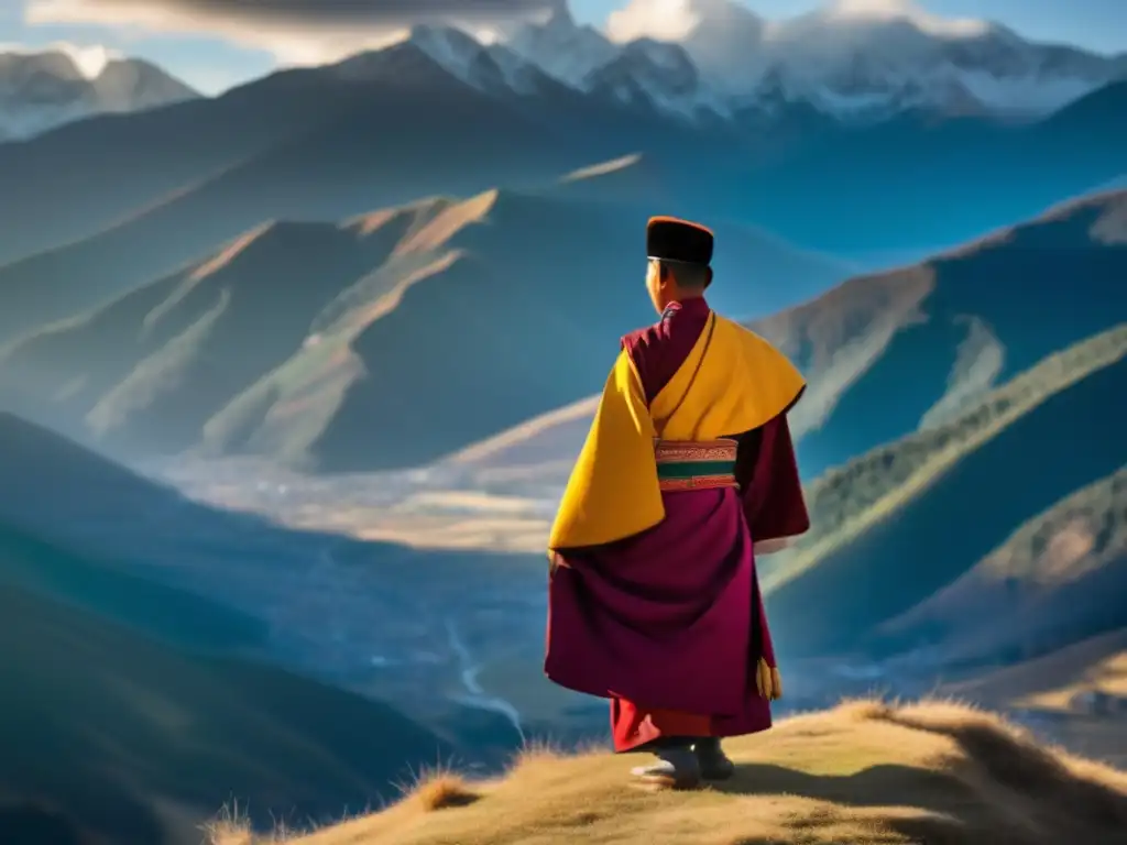 Jigme Singye Wangchuck: Visión y serenidad en las montañas de Bhután Un retrato de Jigme Singye Wangchuck en la cima de una montaña, irradiando liderazgo y felicidad, con un paisaje majestuoso de fondo