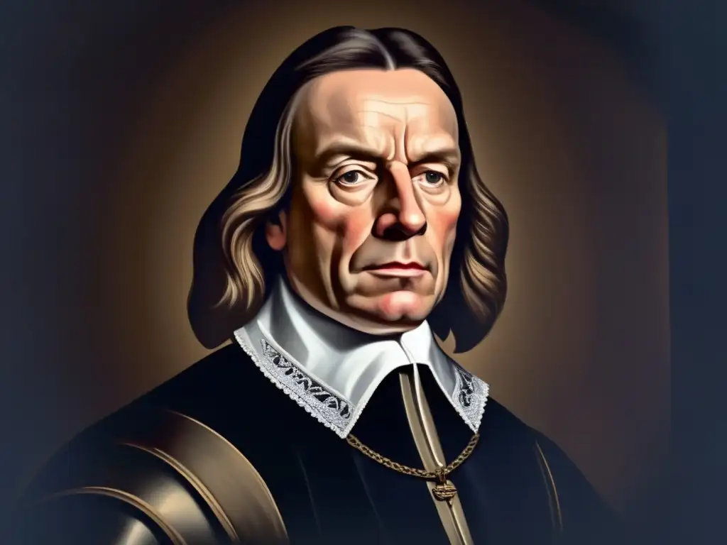 Un retrato solemne de Oliver Cromwell, líder de la Revolución Puritana y la República Cristiana, con mirada firme y atuendo del siglo XVII